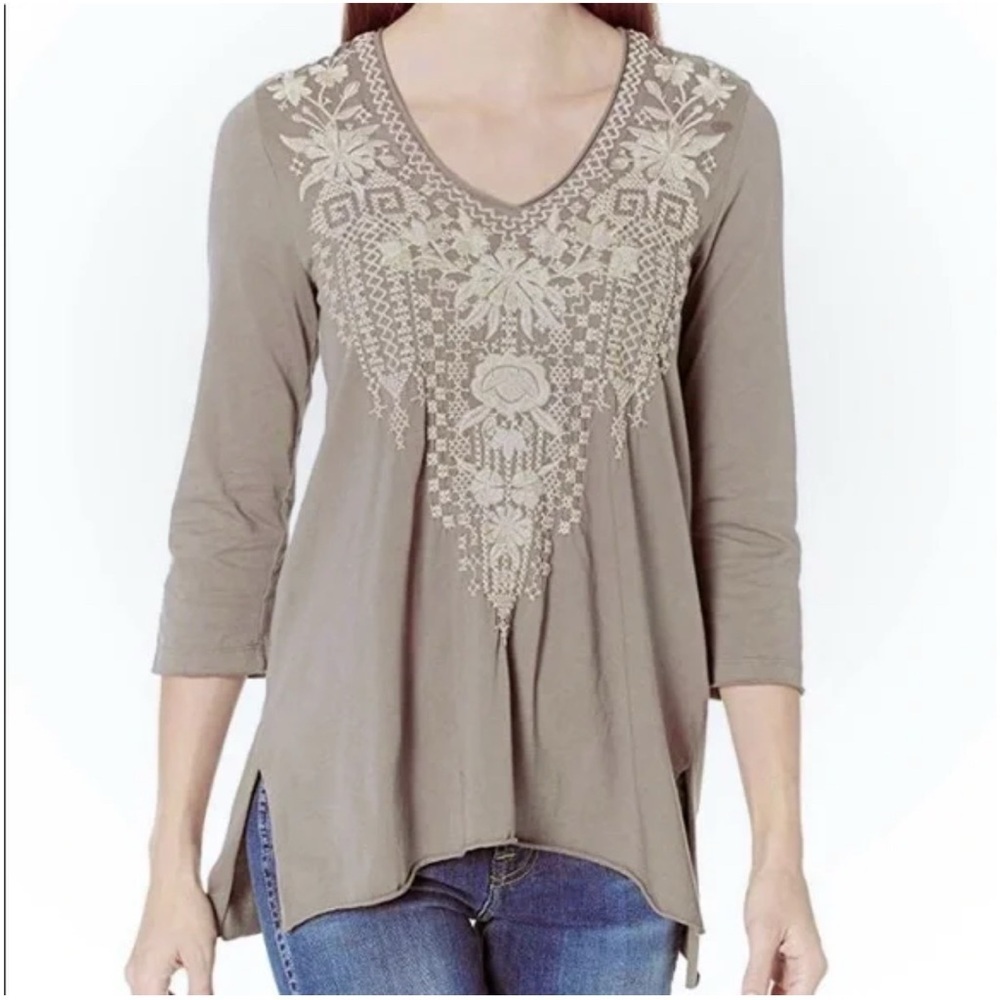 NWT Johnny Was Taupe Beige Embroidered Boho Tunic 100% Cotton Small